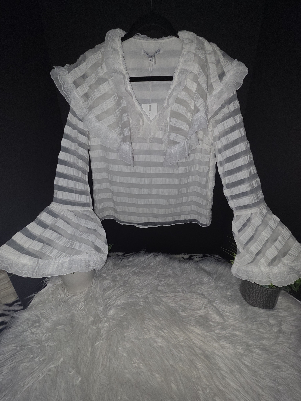 NWT Endless Rose Ivory Ruffle V-Neck Sheer Lace Stripe Blouse, Size M